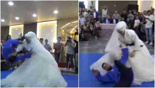 شاهد.. عروس تركية تضرب زوجها يوم الزفاف وتسقطه أرضًا