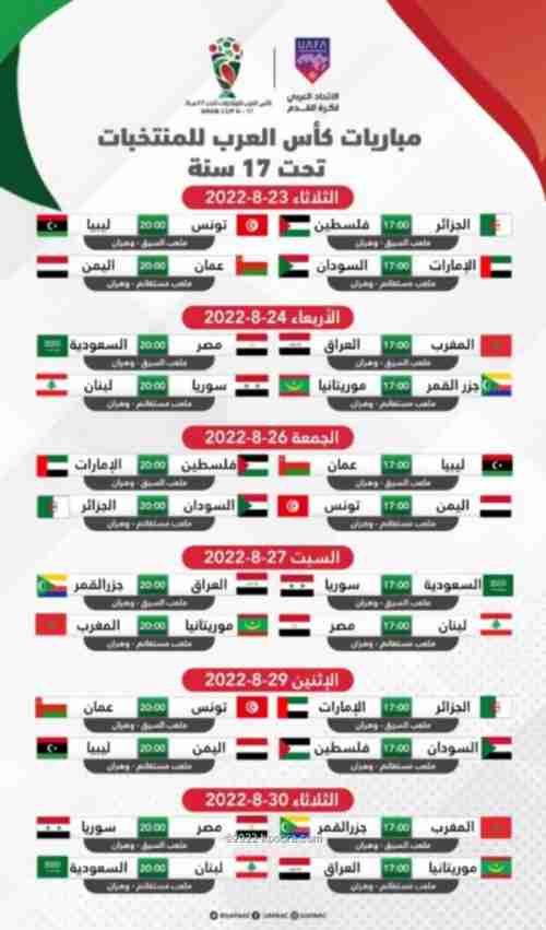 اعلان مواعيد مباريات كأس العرب للناشئين