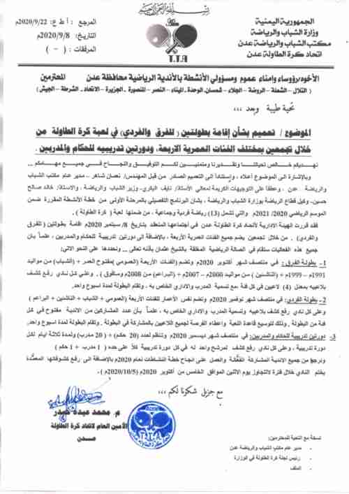  اتحاد كرة الطاولة بعدن يقر إقامة عدد من الفعاليات