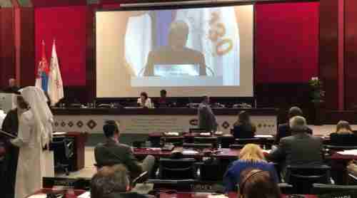 البركاني يغادر قاعة مؤتمر دولي أثناء كلمة رئيس برلمان إيران