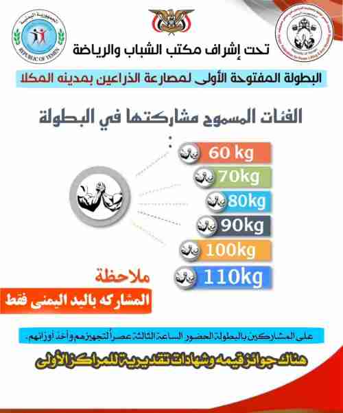 الخميس .. انطلاق مصارعة الذراعين المفتوحة بالمكلا
