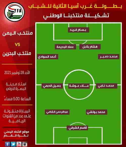 يمني سبورت ينشر تشكيلة شباب اليمن لمواجهة البحرين بغرب اسيا 