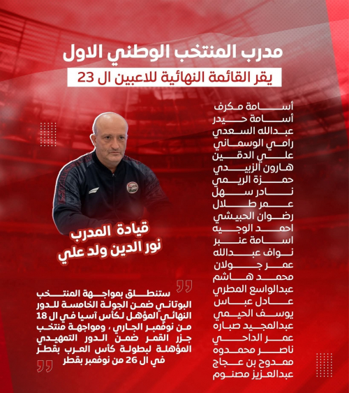 ولد علي يعلن قائمة المنتخب اليمني النهائية لتحدي آسيا وكأس العرب في نوفمبر الناري