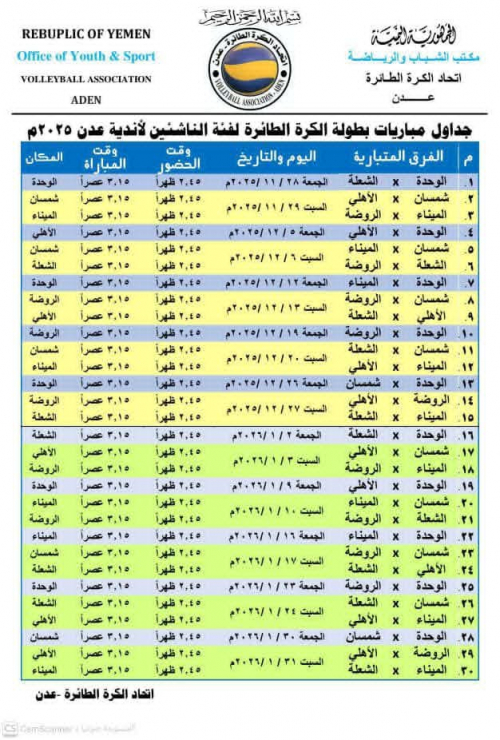 تنطلق منافسات الطائرة العدنية للناشئين… 30 مباراة تشعل ملاعب عدن حتى نهاية يناير
