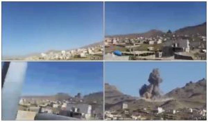 شاهد بالفيديو لحظة الانفجار الضخم بعد الغارة الجوية التي استهدفت جبل نقم قبل ساعات