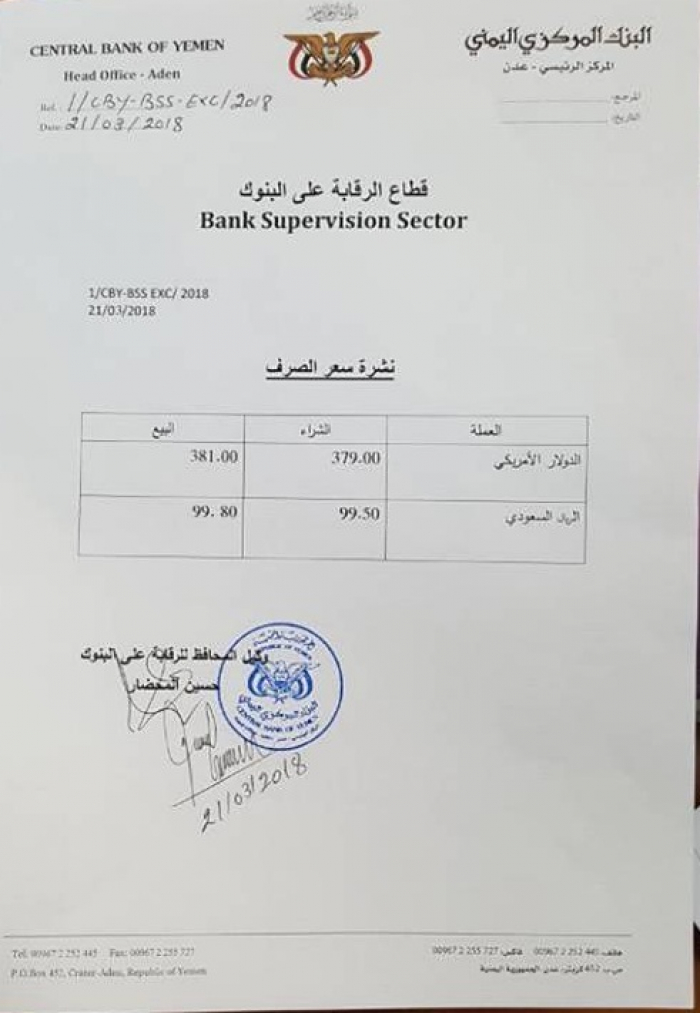 البنك المركزي اليمني يحدد اسعار العملة في سوق الصرافة المحلي .. ارتفاع كبير للريال